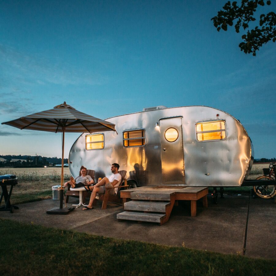 Vintage trailer at a campsite